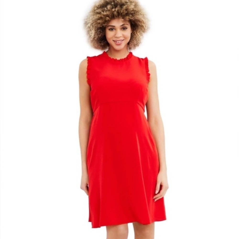 Motherhood Maternity Red Ruffle Neck Sleeveless Dress Pink Bow Back Size M